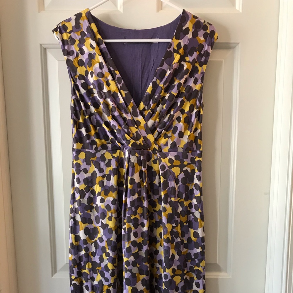 Boden Purple, Yellow and Black Printed V-Neck Dress